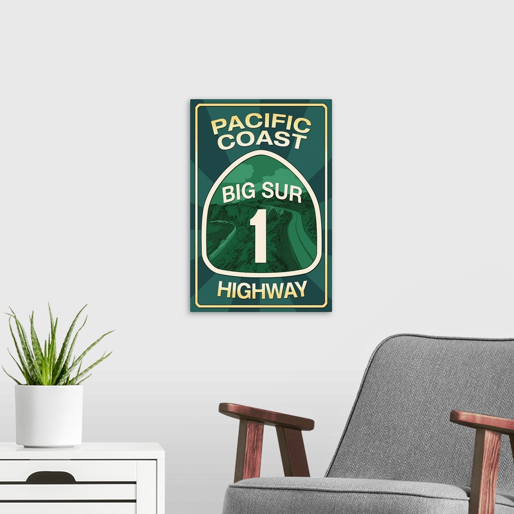 A modern room featuring Highway 1, California - Big Sur - Pacific Coast Highway Sign