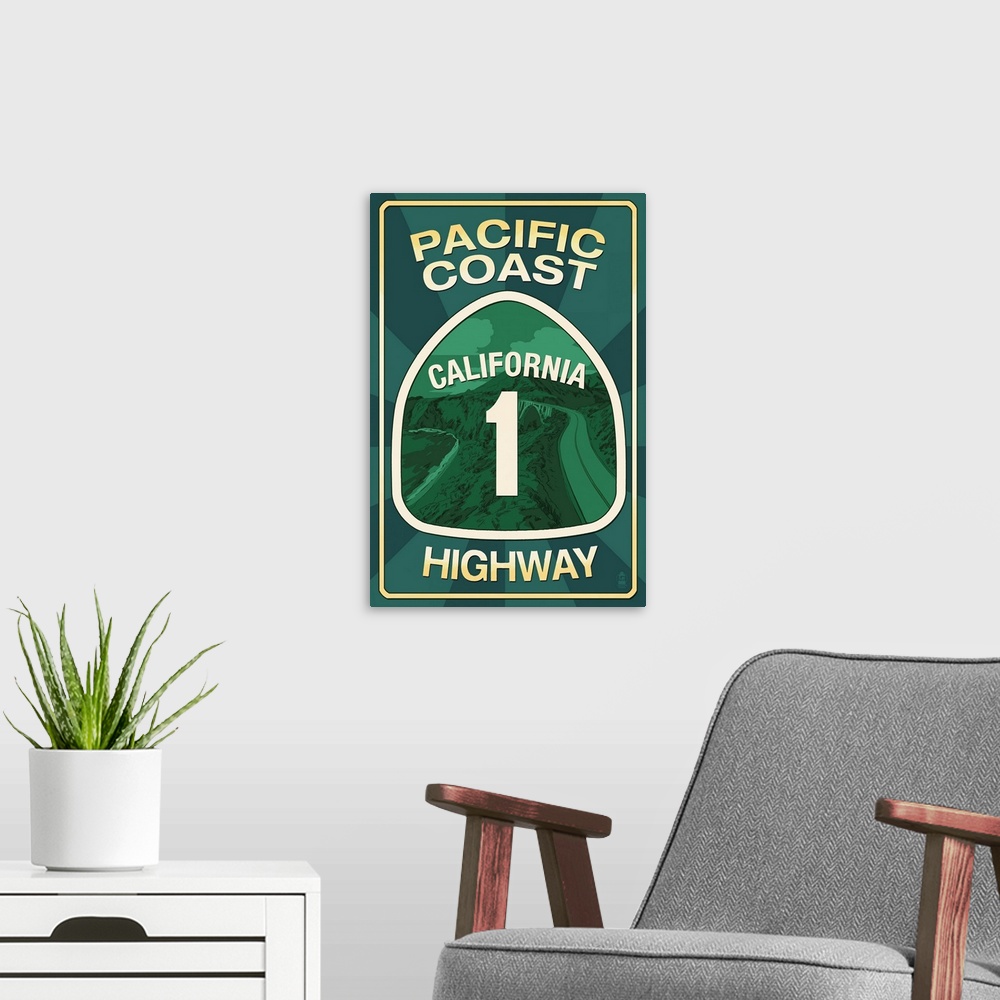 A modern room featuring Highway 1, California - Pacific Coast Highway Sign: Retro Travel Poster
