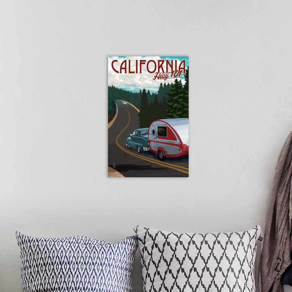 A bohemian room featuring Highway 101, California - Retro Camper on Road