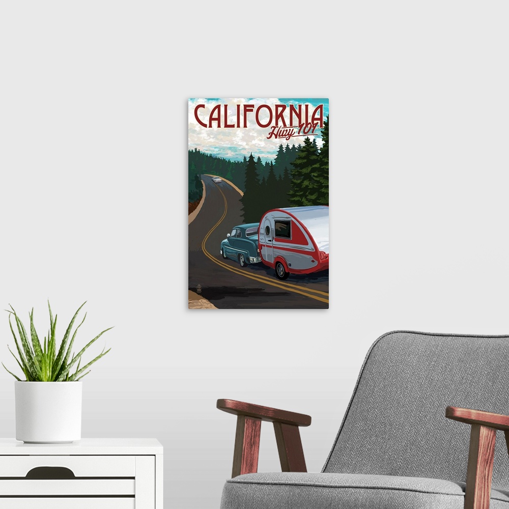 A modern room featuring Highway 101, California - Retro Camper on Road