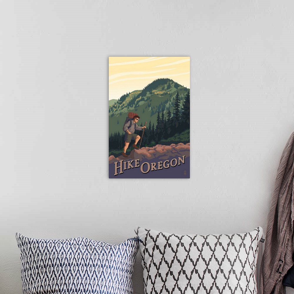 A bohemian room featuring Hike Oregon: Retro Travel Poster
