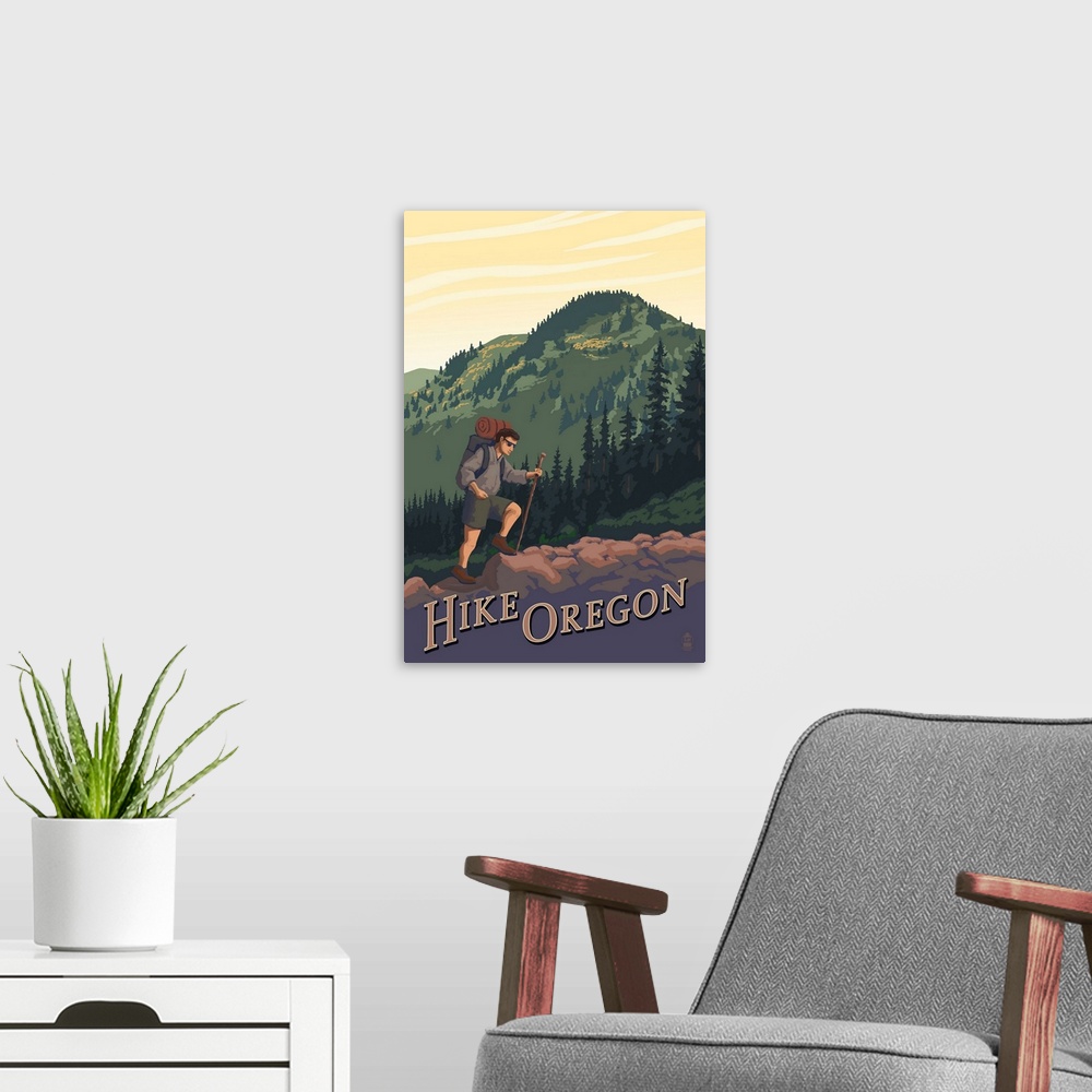 A modern room featuring Hike Oregon: Retro Travel Poster