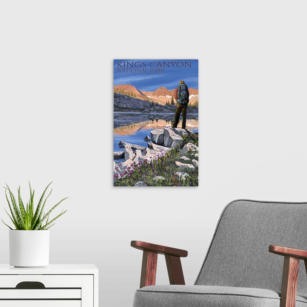 A modern room featuring Hiker and Lake - Kings Canyon National Park, California: Retro Travel Poster