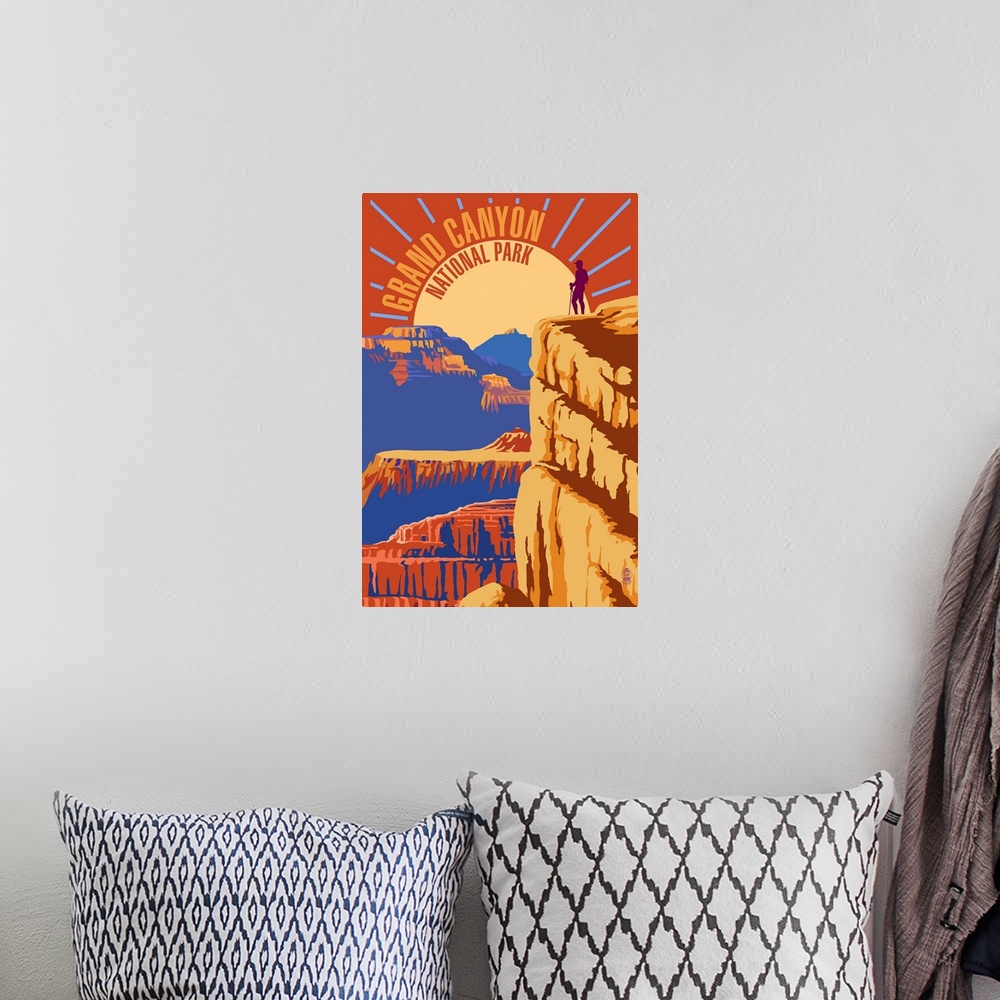 A bohemian room featuring Hiking At Sunrise In Grand Canyon National Park: Graphic Travel Poster