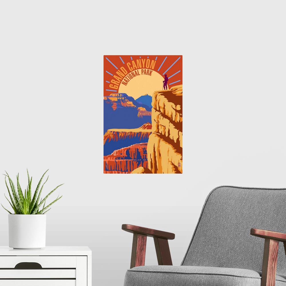 A modern room featuring Hiking At Sunrise In Grand Canyon National Park: Graphic Travel Poster