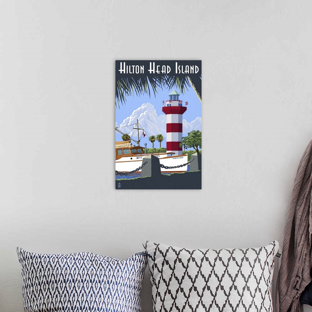 A bohemian room featuring A retro stylized art poster of a boat docked near a lighthouse on the beach.
