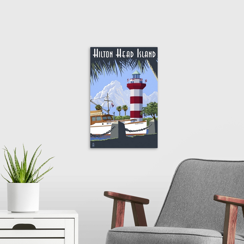 A modern room featuring A retro stylized art poster of a boat docked near a lighthouse on the beach.