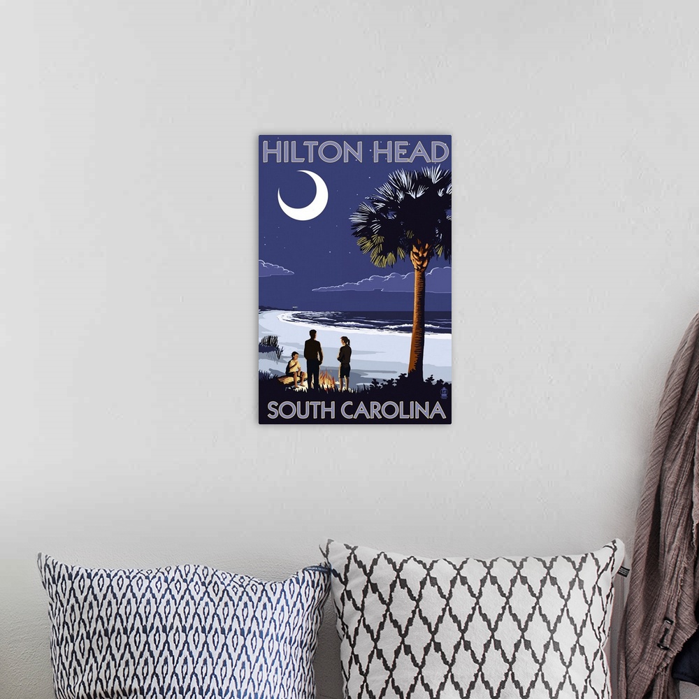 A bohemian room featuring Hilton Head, South Carolina - Beach and Bonfire: Retro Travel Poster