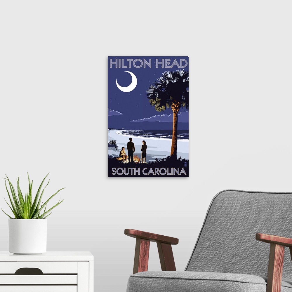 A modern room featuring Hilton Head, South Carolina - Beach and Bonfire: Retro Travel Poster