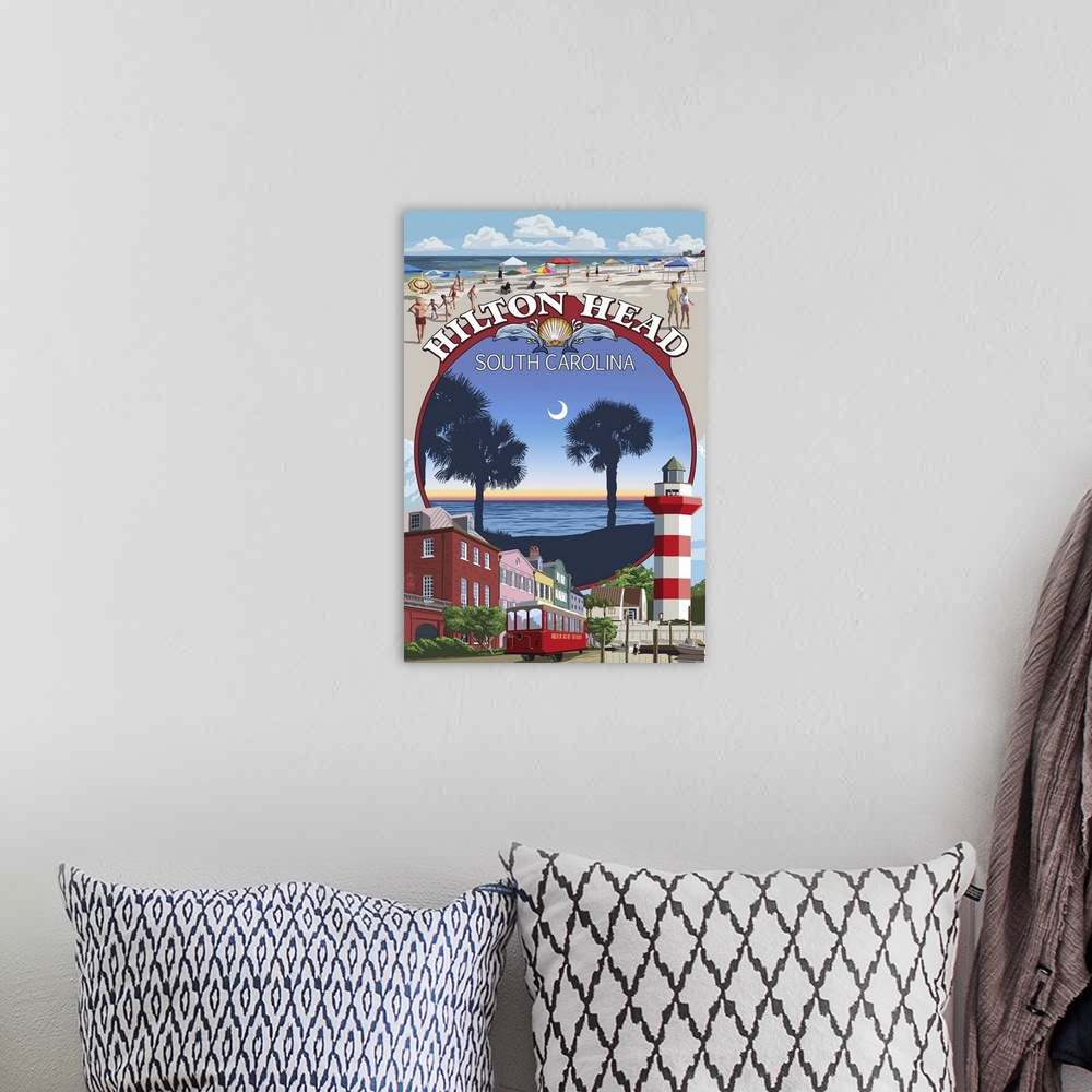 A bohemian room featuring A retro stylized poster of a local scenes, beaches, and a light house in this artwork.