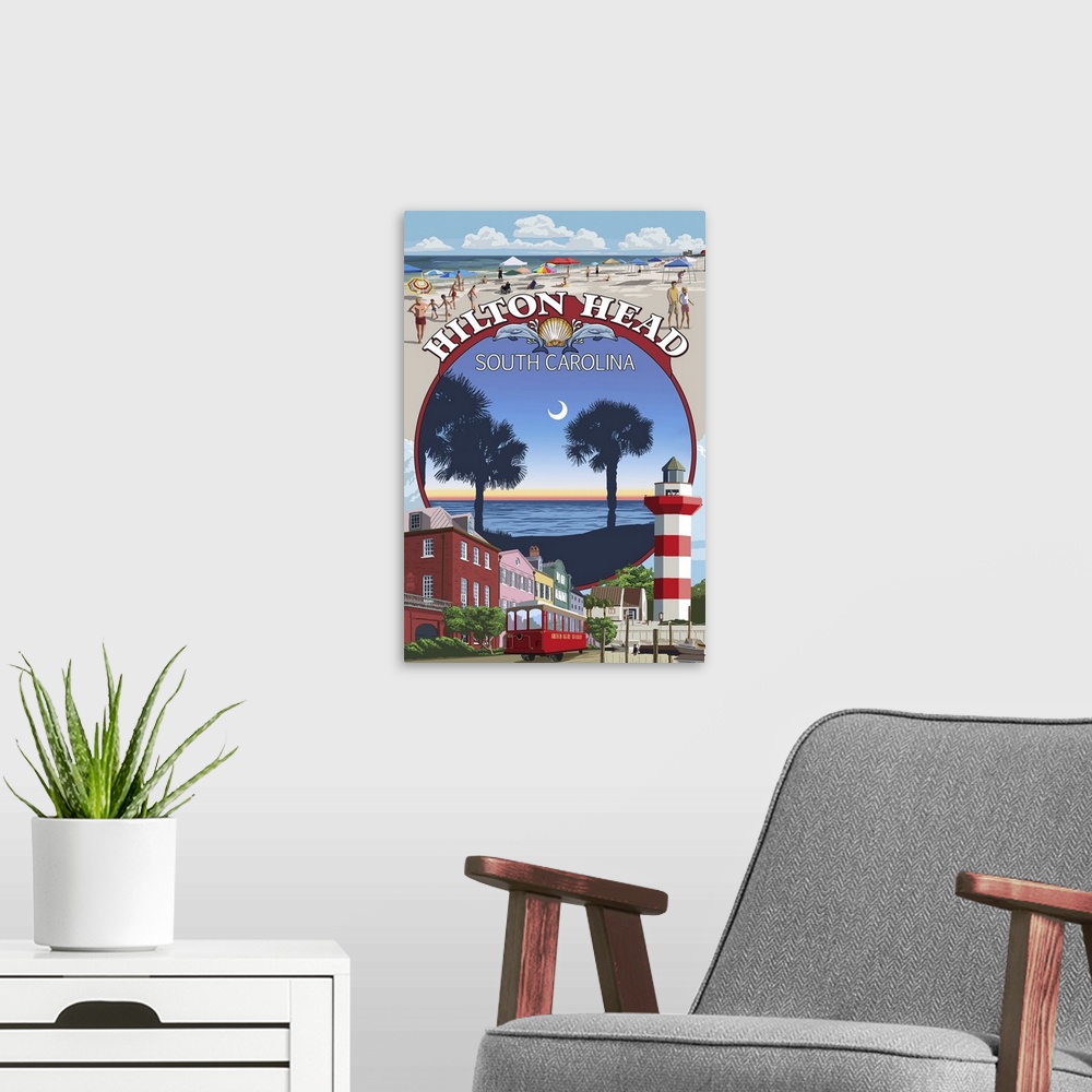 A modern room featuring A retro stylized poster of a local scenes, beaches, and a light house in this artwork.