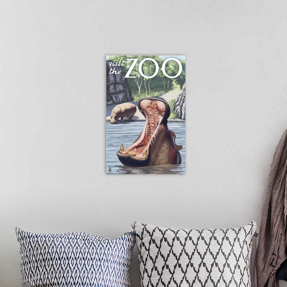 A bohemian room featuring Hippo - Visit the Zoo: Retro Travel Poster