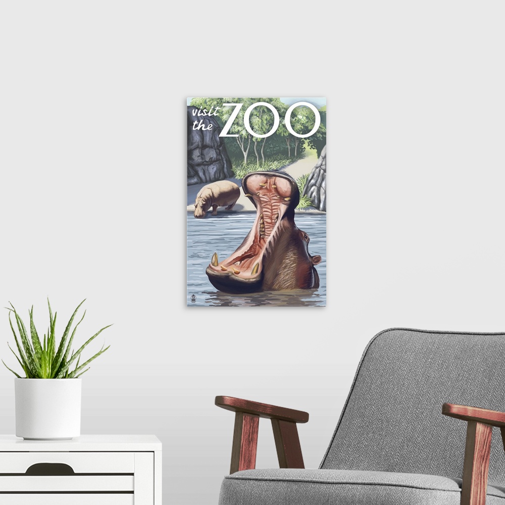 A modern room featuring Hippo - Visit the Zoo: Retro Travel Poster