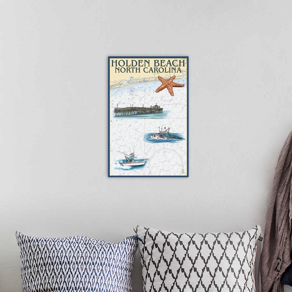 A bohemian room featuring Holden Beach, North Carolina - Nautical Chart: Retro Travel Poster