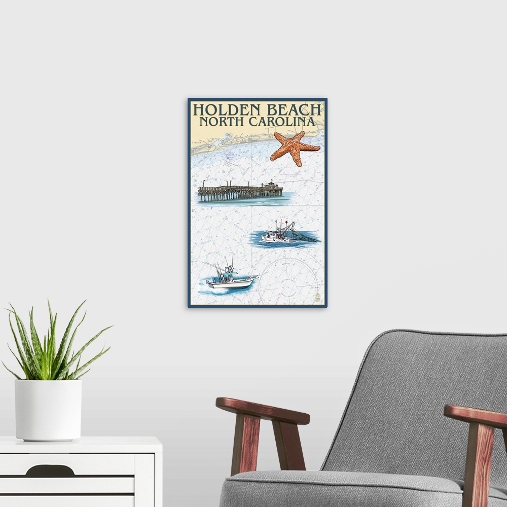 A modern room featuring Holden Beach, North Carolina - Nautical Chart: Retro Travel Poster