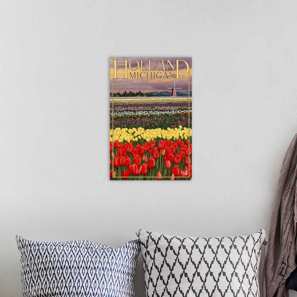A bohemian room featuring Retro stylized art poster of a tulip field with a windmill in the background.