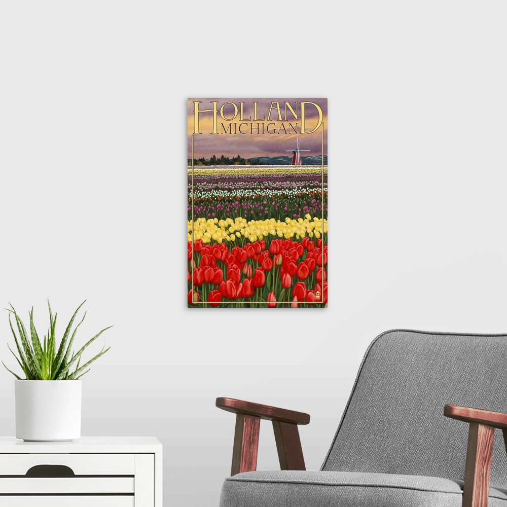 A modern room featuring Retro stylized art poster of a tulip field with a windmill in the background.