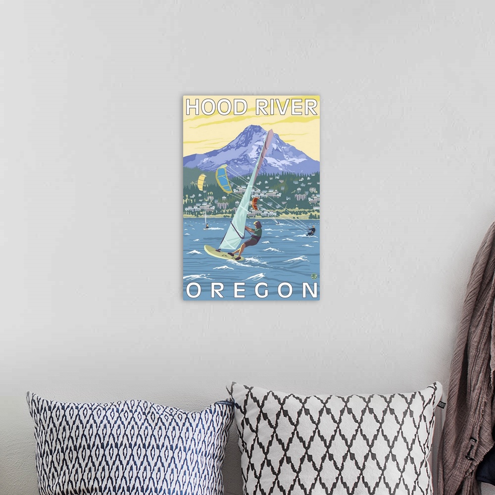 A bohemian room featuring Hood River, OR - Wind Surfers and Kite Boarders: Retro Travel Poster