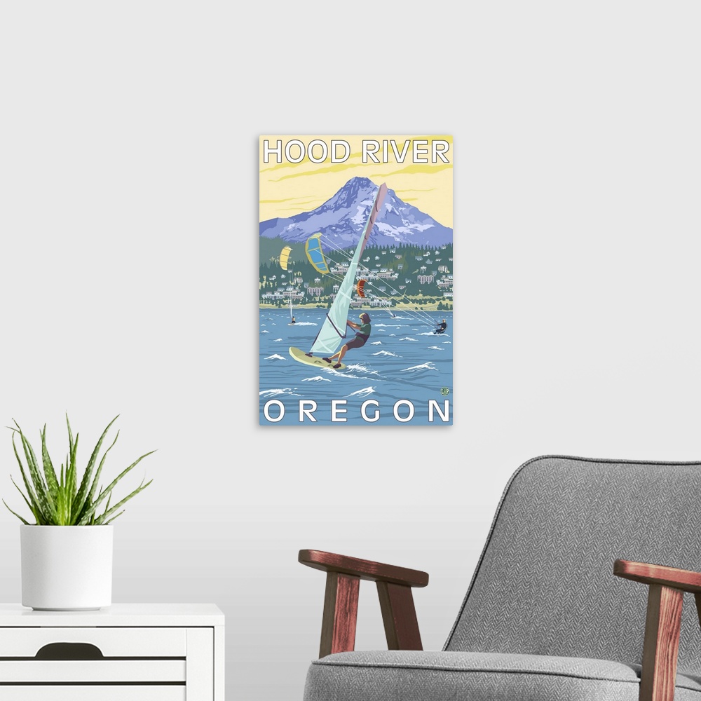 A modern room featuring Hood River, OR - Wind Surfers and Kite Boarders: Retro Travel Poster
