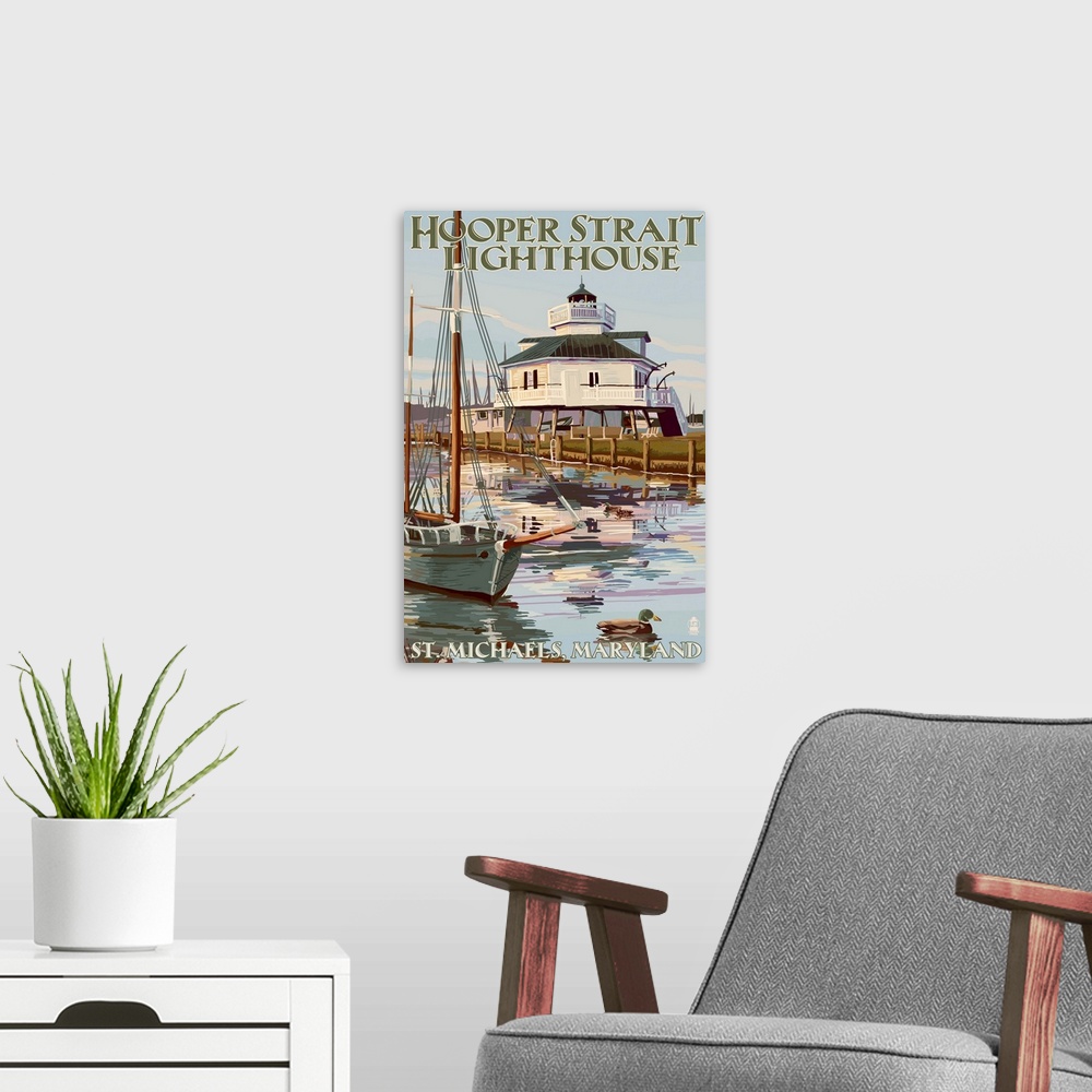 A modern room featuring Hooper Strait Lighthouse (Colorized) - St. Michaels, MD: Retro Travel Poster