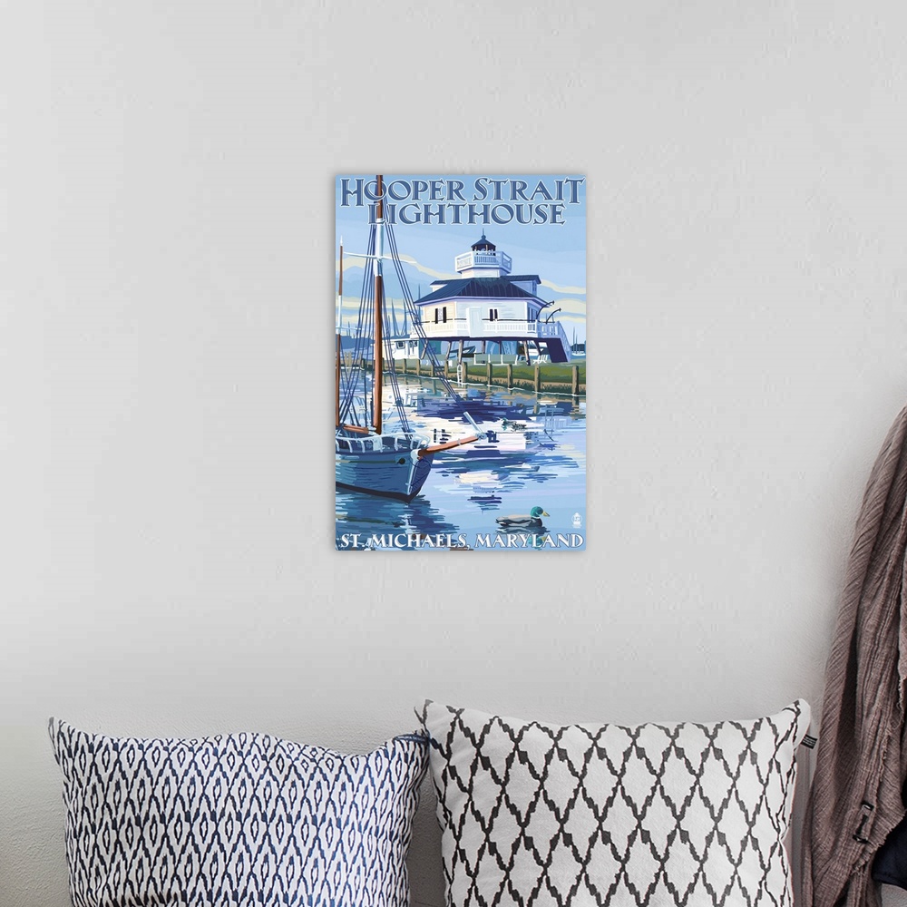 A bohemian room featuring Hooper Strait Lighthouse - St. Michaels, MD: Retro Travel Poster