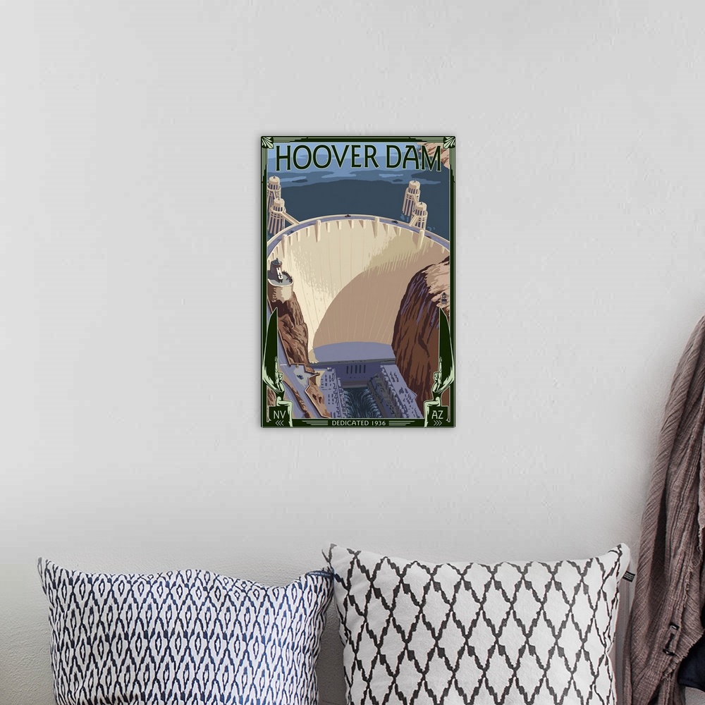 A bohemian room featuring Hoover Dam Aerial: Retro Travel Poster