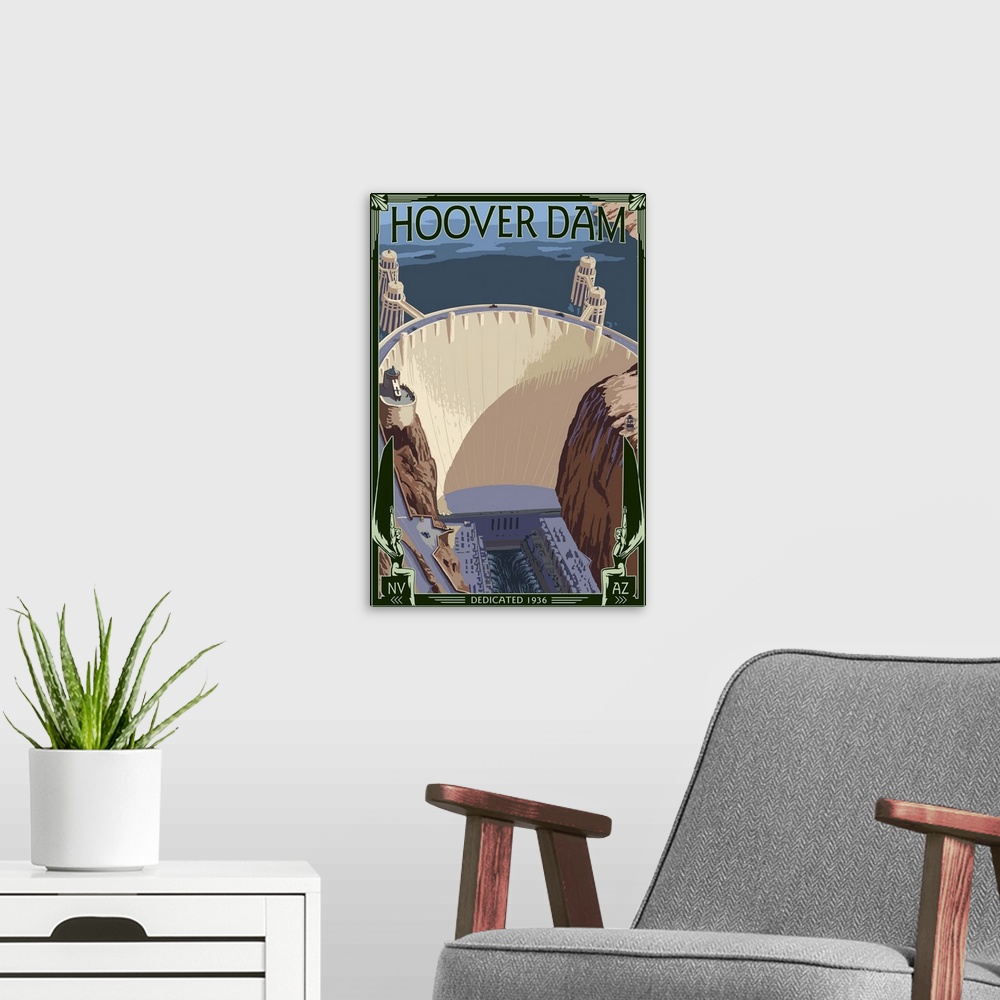 A modern room featuring Hoover Dam Aerial: Retro Travel Poster