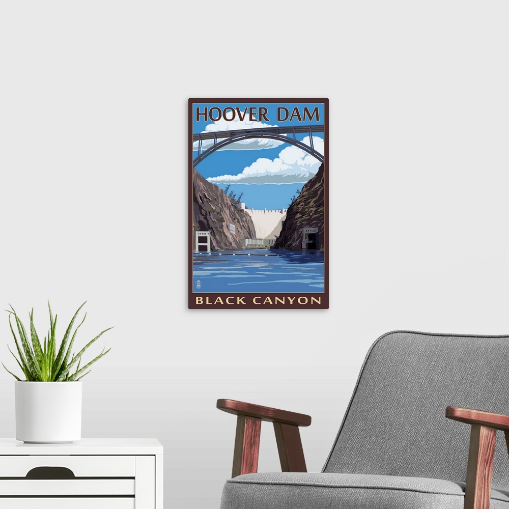 A modern room featuring Hoover Dam - Black Canyon: Retro Travel Poster