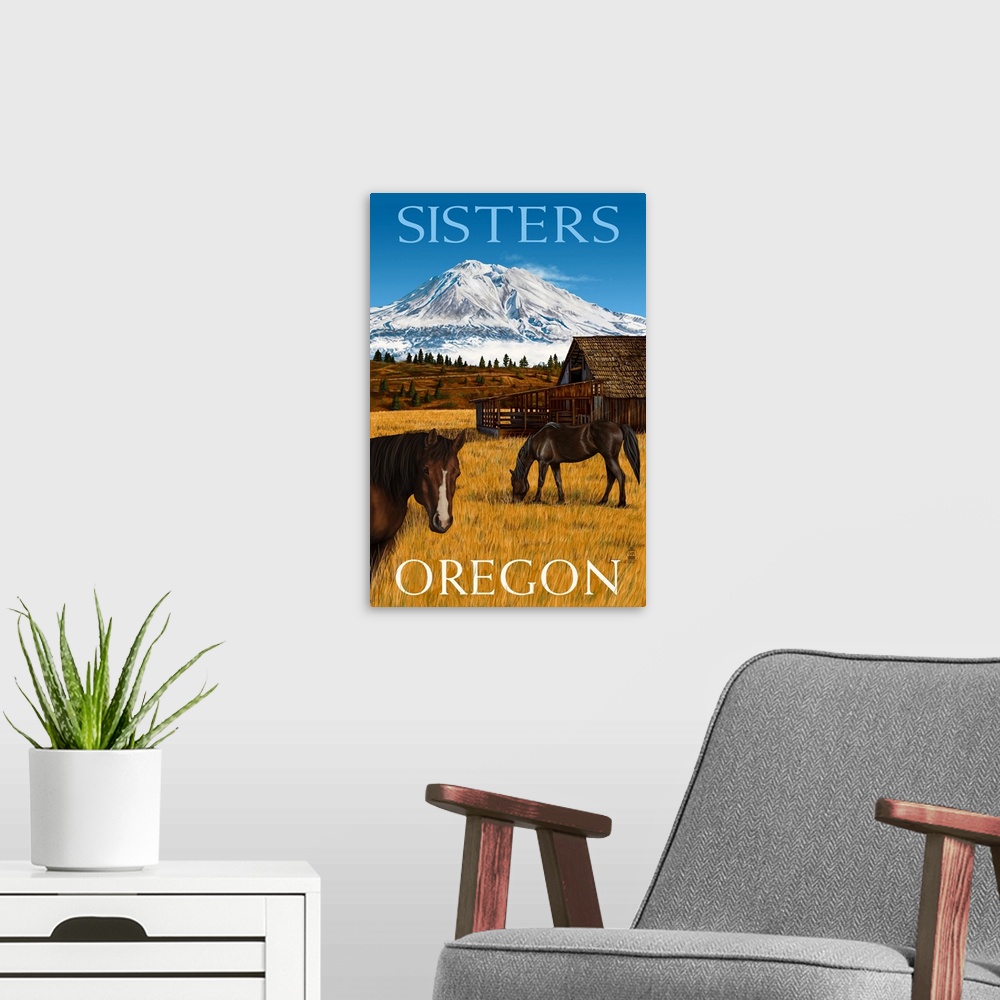 A modern room featuring A stylized art poster of a snow covered mountain and a meadow with two horses and a barn below it.