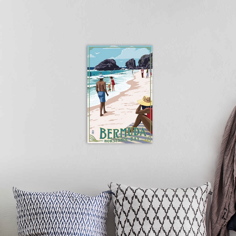 A bohemian room featuring Horseshoe Bay Beach Scene - Bermuda: Retro Travel Poster