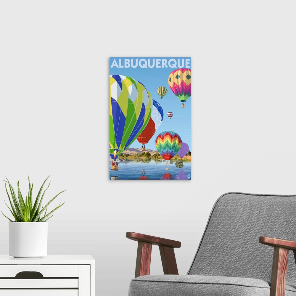A modern room featuring Retro stylized art poster of hot air balloons flying over a lake casting reflections.