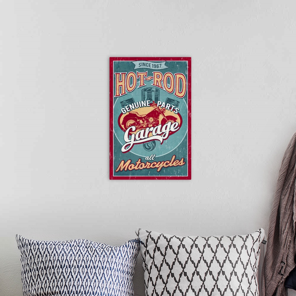 A bohemian room featuring Hot Rod Garage, Vintage Sign