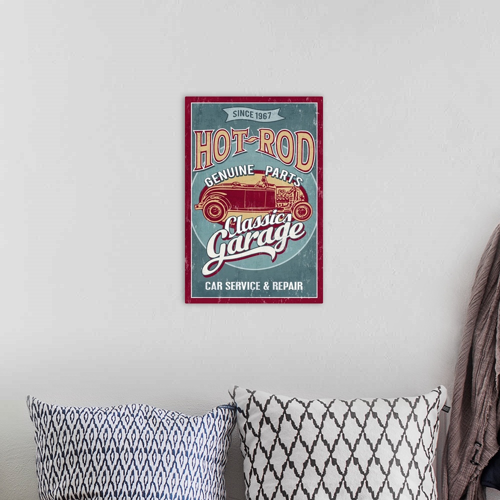 A bohemian room featuring Hot Rod Garage, Vintage Sign