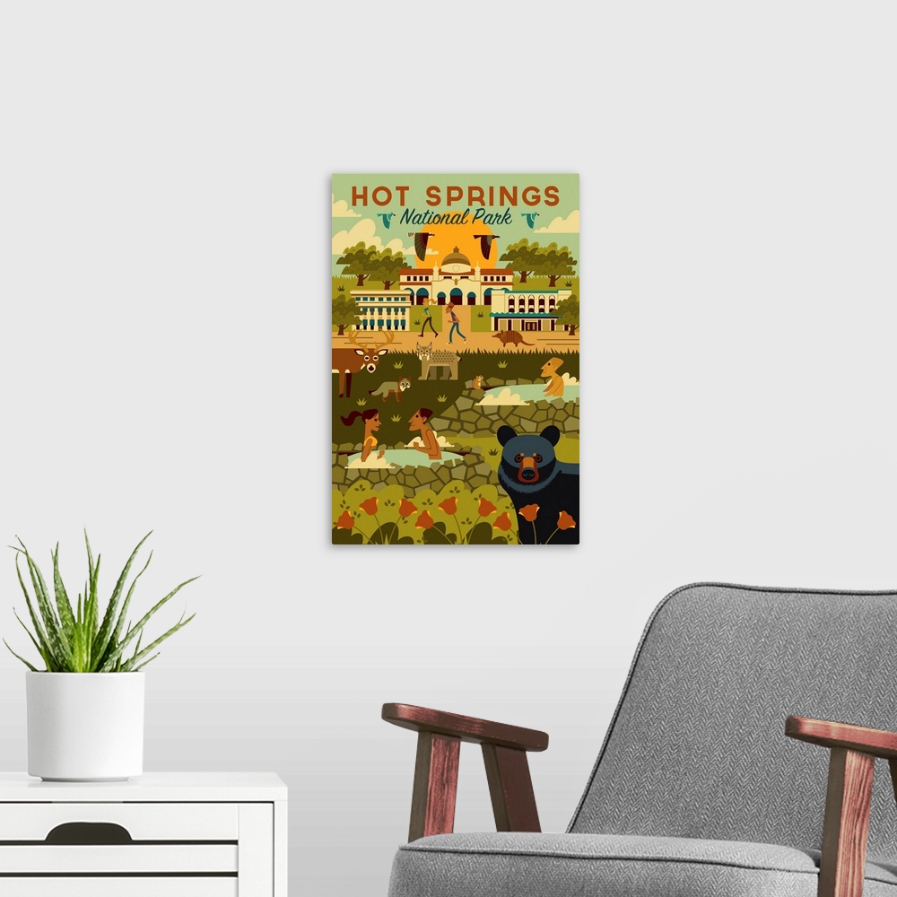 A modern room featuring Hot Springs National Park, Adventure: Graphic Travel Poster