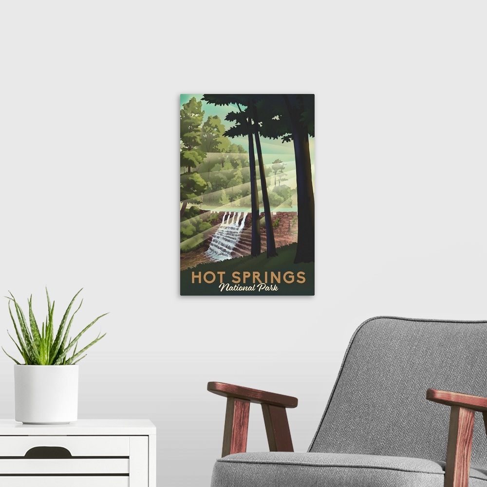 A modern room featuring Hot Springs National Park, Sunset Loop: Retro Travel Poster