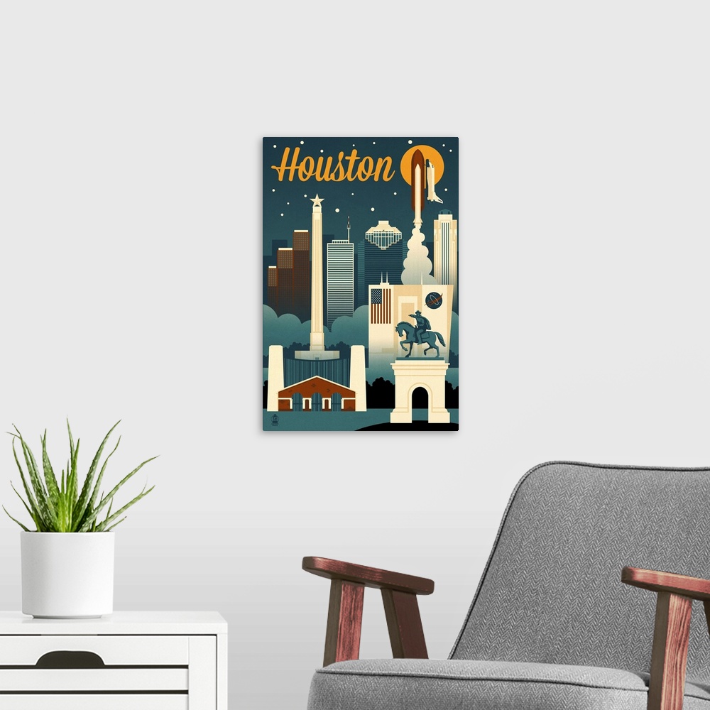 A modern room featuring Houston, Texas, Retro Skyline