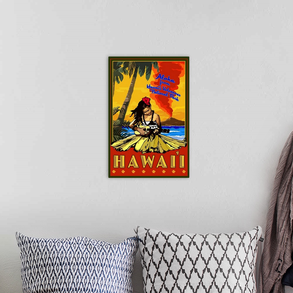 A bohemian room featuring Hula Girl and Ukulele - Aloha From Hawaii Volcanoes National Park: Retro Travel Poster