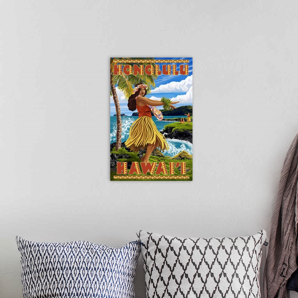 A bohemian room featuring Hula Girl on Coast - Honolulu, Hawaii: Retro Travel Poster