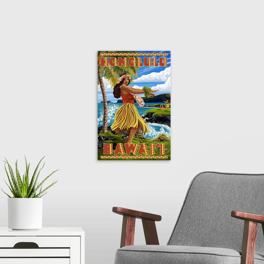A modern room featuring Hula Girl on Coast - Honolulu, Hawaii: Retro Travel Poster