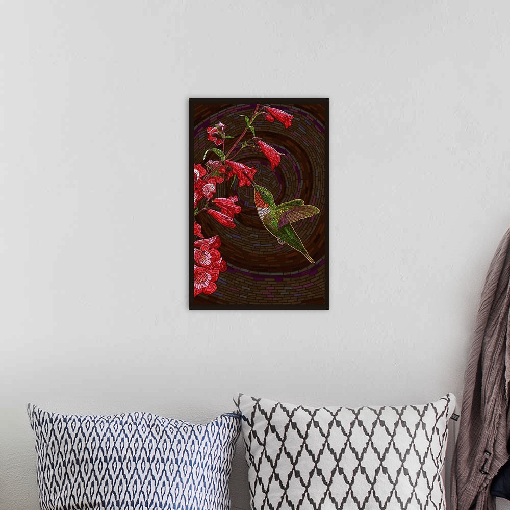 A bohemian room featuring This stylized art work of a humming bird and flowers made out of small tiles to create the impres...