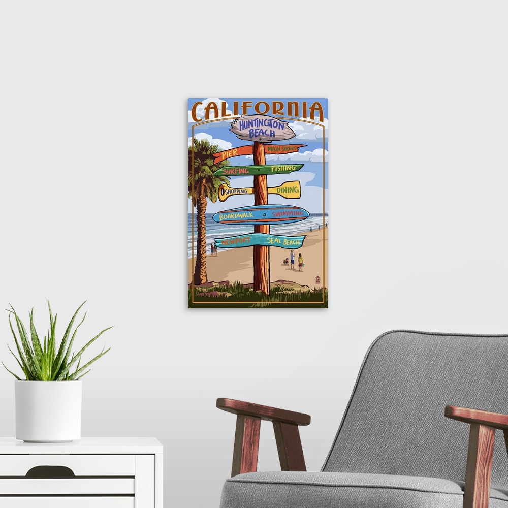A modern room featuring Huntington Beach, California - Destination Sign Retro Travel Poster