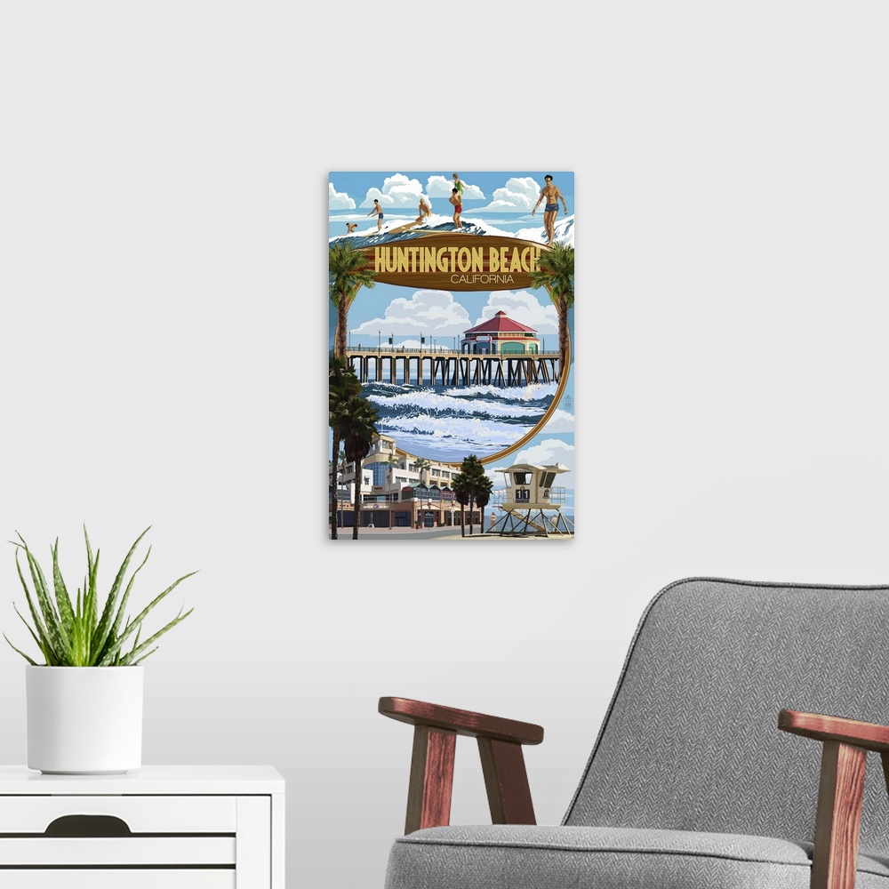 A modern room featuring Huntington Beach, California - Montage Scenes: Retro Travel Poster