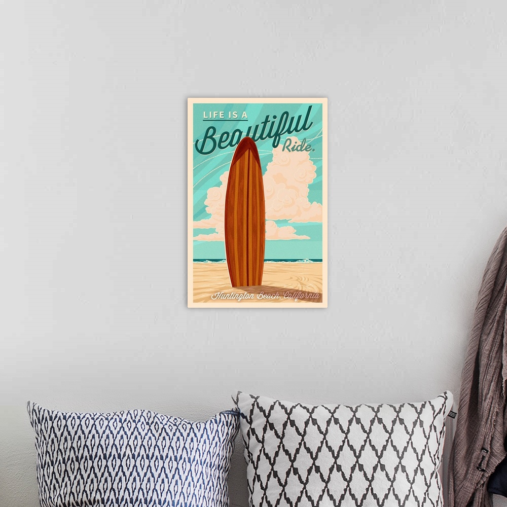 A bohemian room featuring Huntington Beach, California, Surf Board Letterpress, Life is a Beautiful Ride, Lantern Press Art