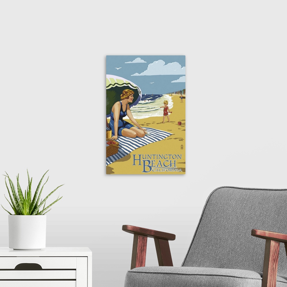 A modern room featuring Huntington Beach, California - Woman on Beach: Retro Travel Poster