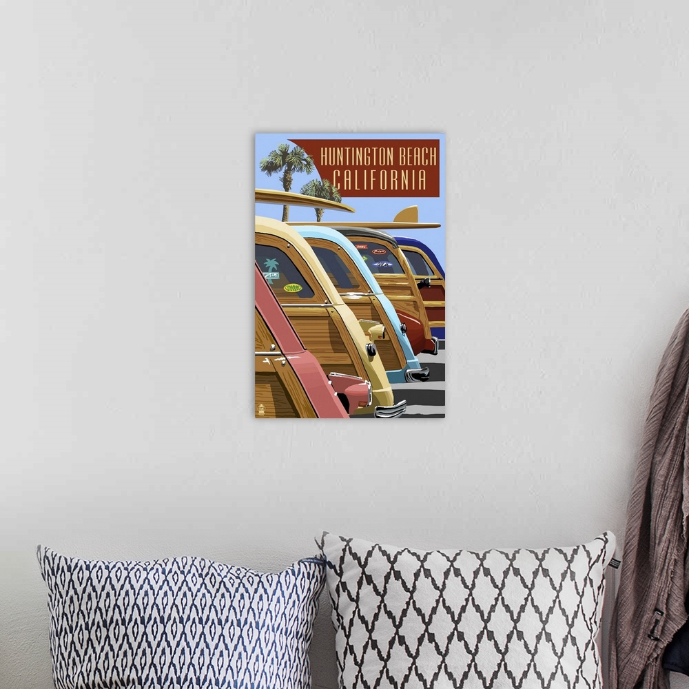 A bohemian room featuring Huntington Beach, California - Woodies Lined Up: Retro Travel Poster