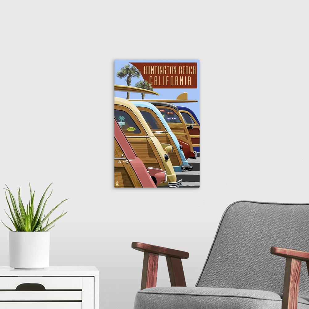 A modern room featuring Huntington Beach, California - Woodies Lined Up: Retro Travel Poster