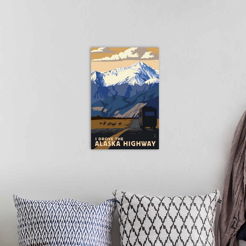 A bohemian room featuring I drove the Alaska Highway: Retro Travel Poster