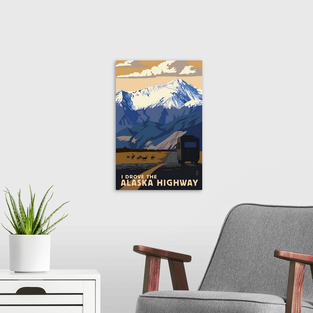 A modern room featuring I drove the Alaska Highway: Retro Travel Poster