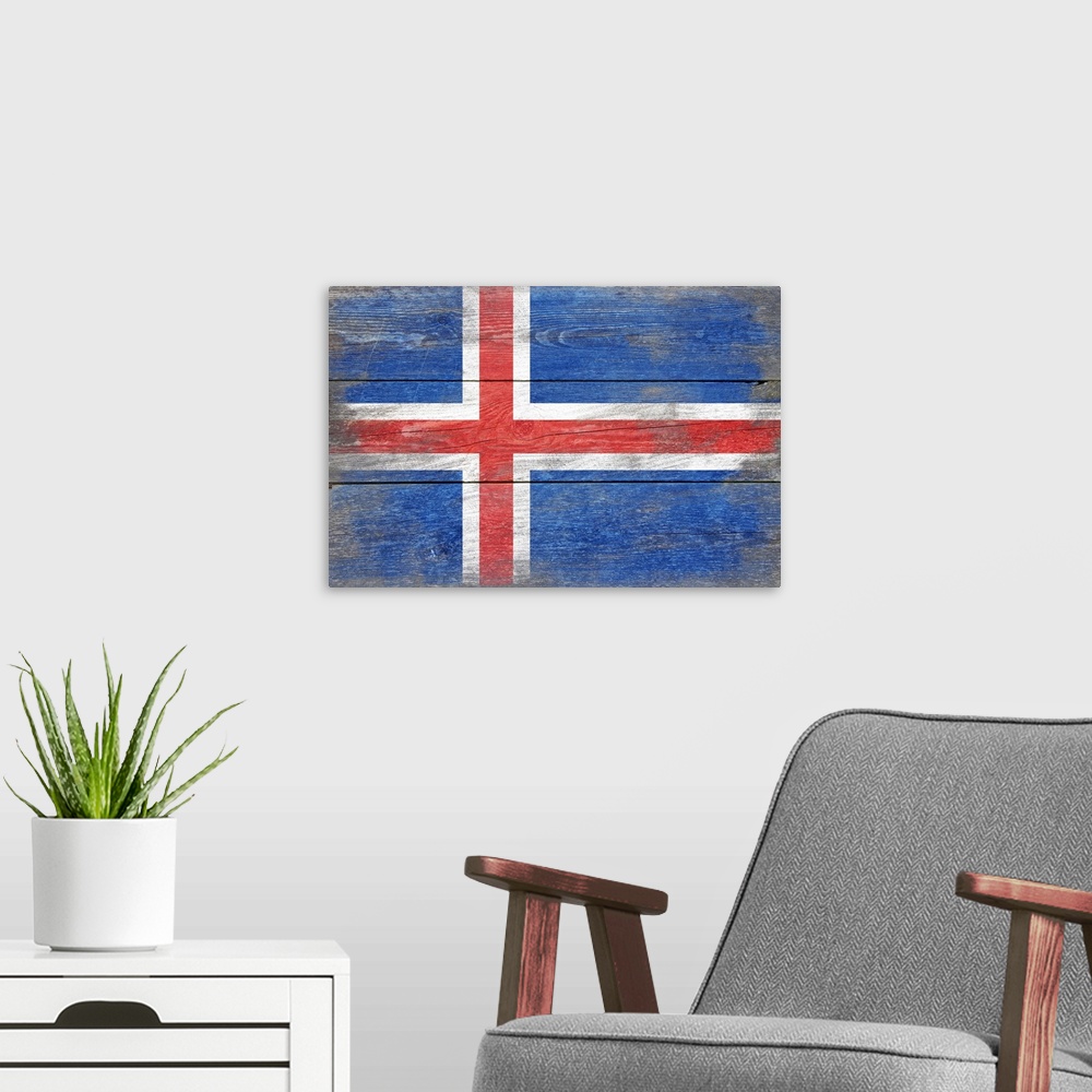 A modern room featuring The flag of Iceland with a weathered wooden board effect.