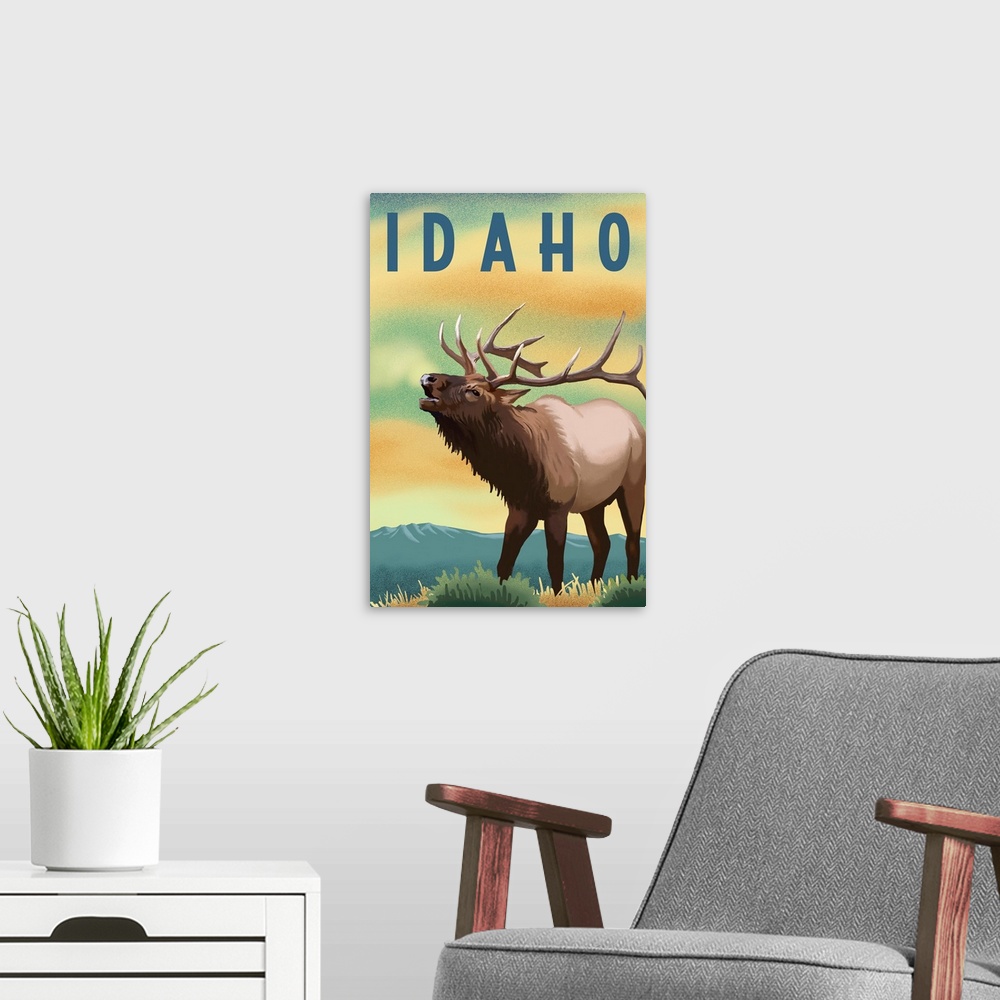 A modern room featuring Idaho - Elk - Lithograph